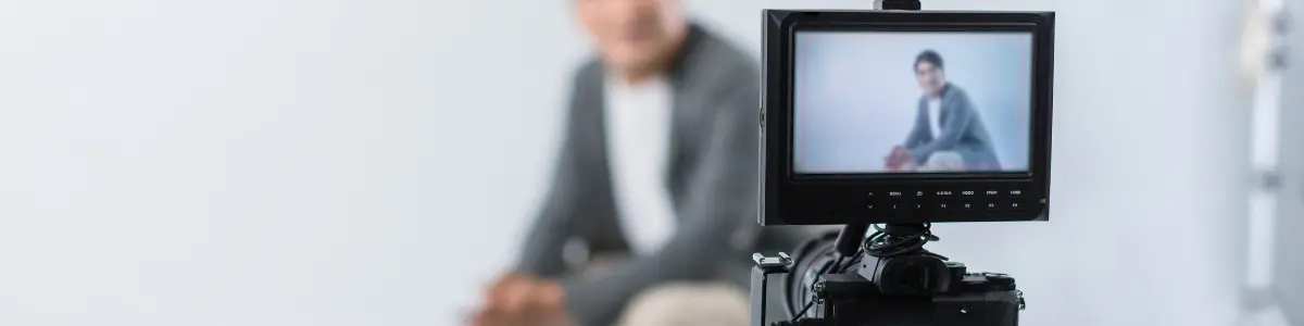 Kameramonitor zeigt live das Bild einer interviewten Person im Studio