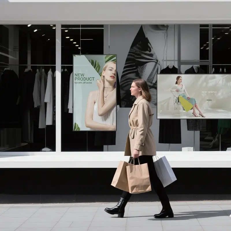 Passantin geht an einem Schaufenster vorbei, auf dessen Monitor deutlich erkennbare Inhalte laufen