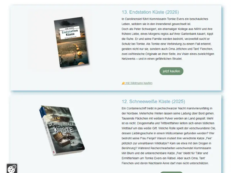 Buchliste mit Inhaltsangabe, Kaufbutton und Option auf eine pers&ouml;nliche Widmung