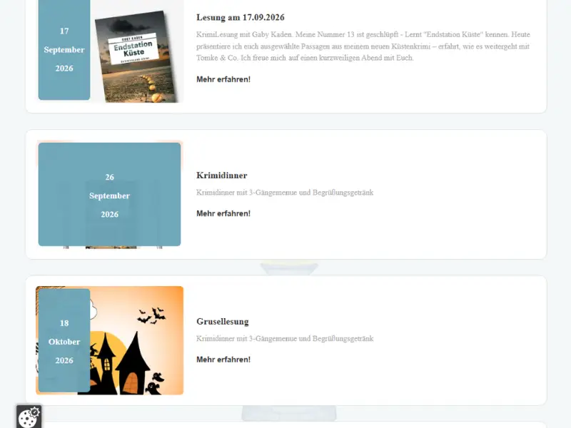 Terminliste mit Lesungen und Veranstaltungen, jeweils mit Datum und Beschreibung