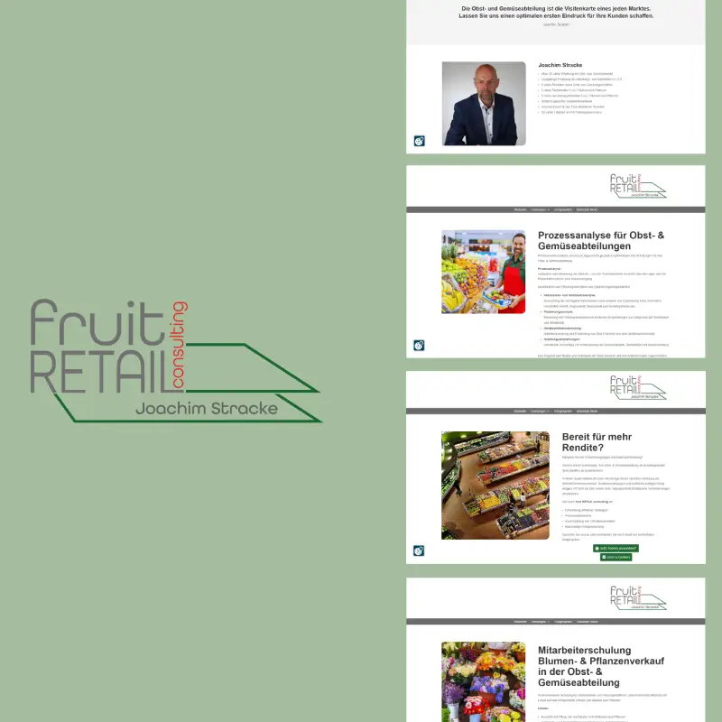 Logo und mehrere Seiten der Webpr&auml;senz von fruit RETAIL consulting